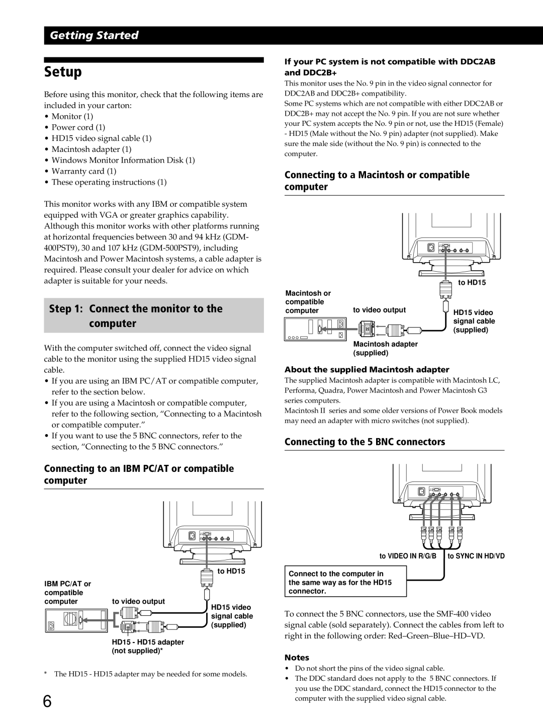 Sony GDM-400PST9 manual Setup, Connect the monitor to Computer, Connecting to a Macintosh or compatible computer 