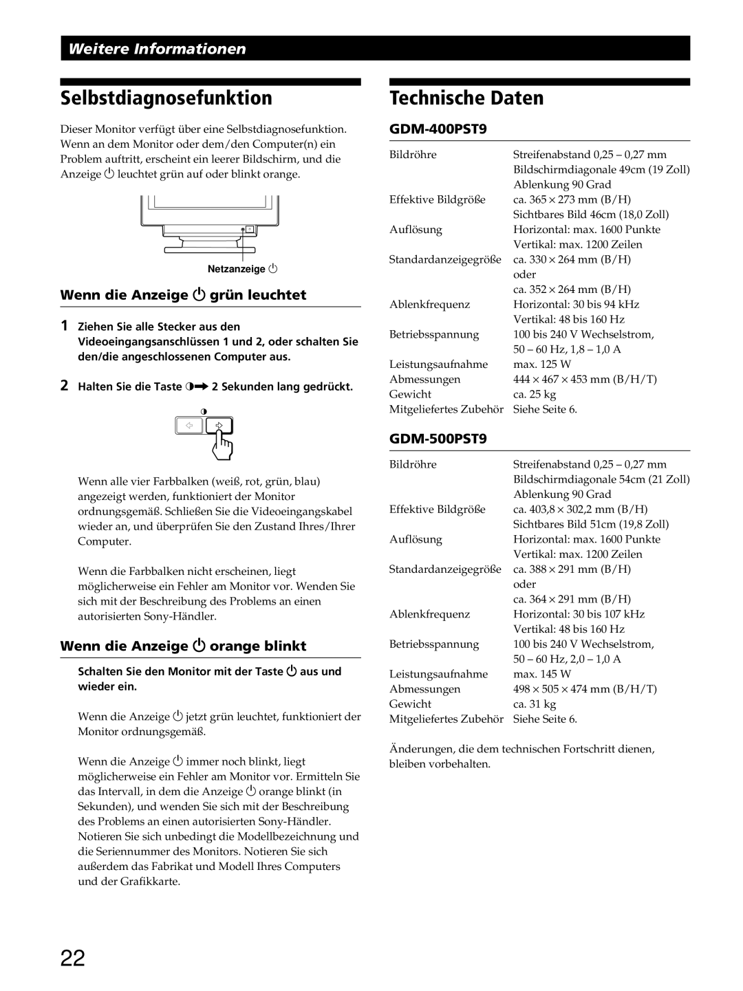 Sony GDM-400PST9 manual Selbstdiagnosefunktion, Technische Daten, Wenn die Anzeige u grün leuchtet 