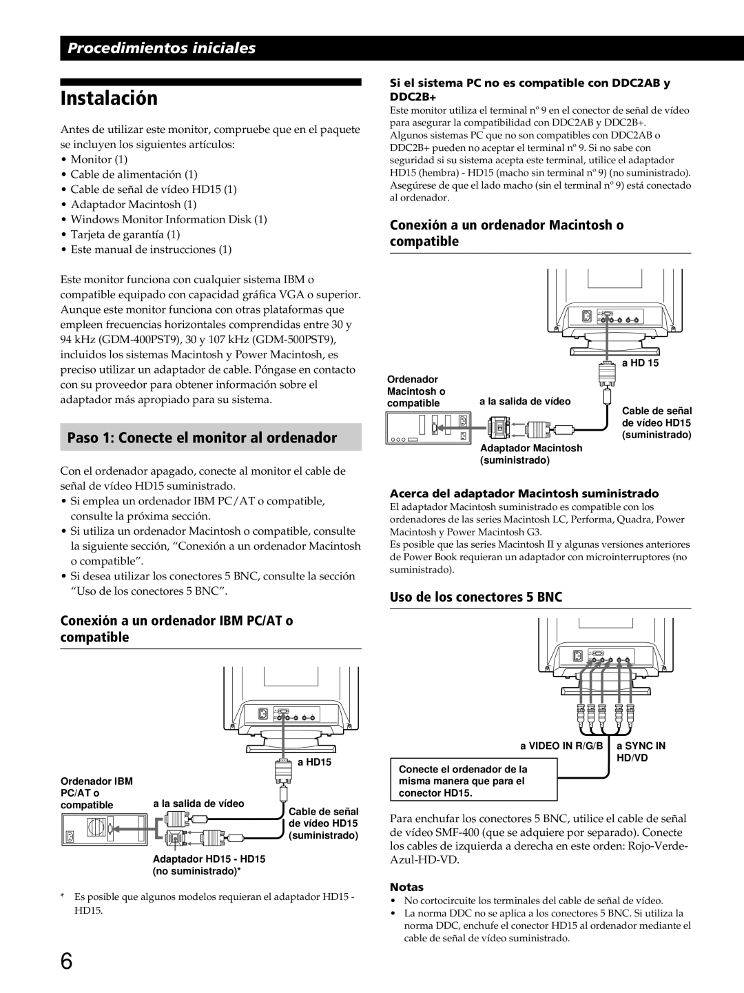 Sony GDM-400PST9 manual Instalación, Paso 1 Conecte el monitor al ordenador, Conexión a un ordenador IBM PC/AT o compatible 