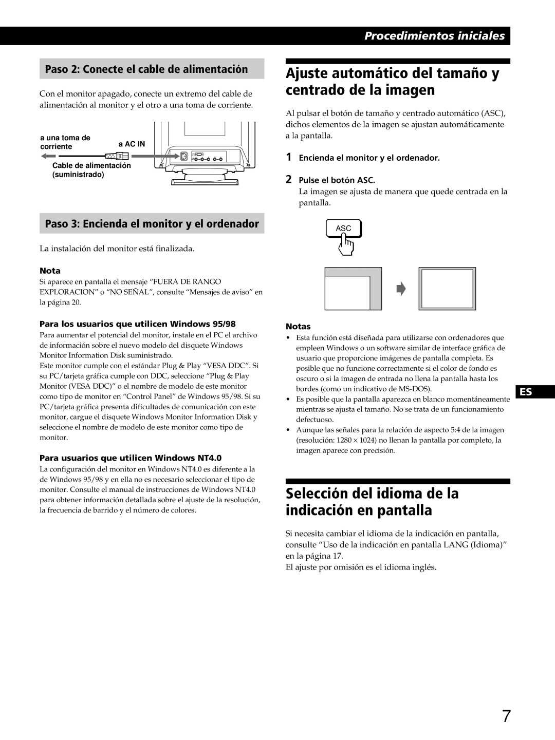 Sony GDM-400PST9 Ajuste automático del tamaño y centrado de la imagen, Selección del idioma de la indicación en pantalla 