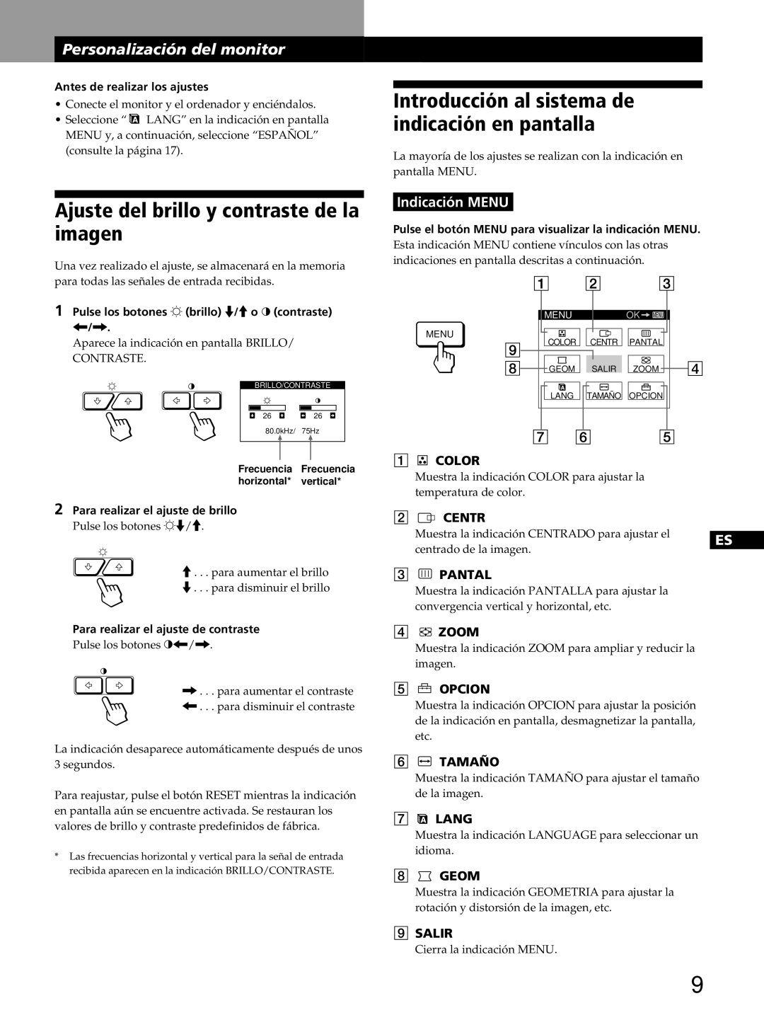 Sony GDM-400PST9 manual Introducción al sistema de indicación en pantalla, Ajuste del brillo y contraste de la imagen 