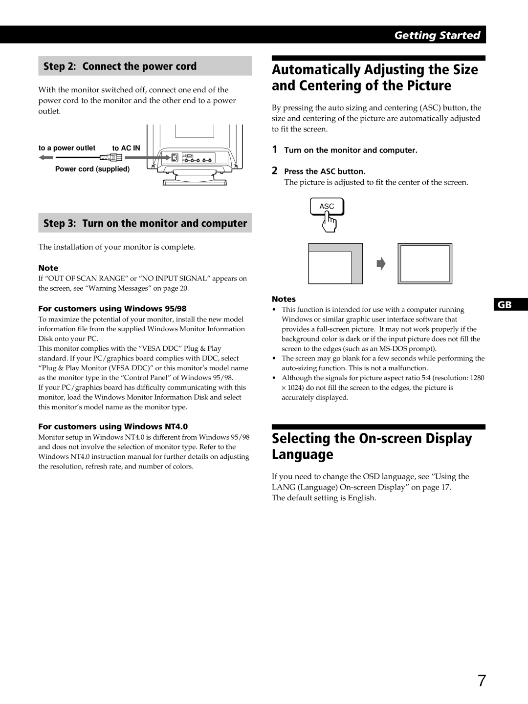 Sony GDM-400PST9 manual Selecting the On-screen Display Language, Connect the power cord, Turn on the monitor and computer 