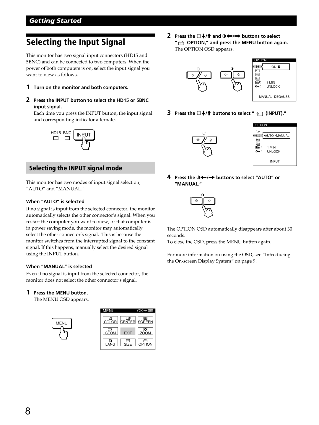 Sony GDM-400PST9 manual Selecting the Input Signal, Selecting the Input signal mode 