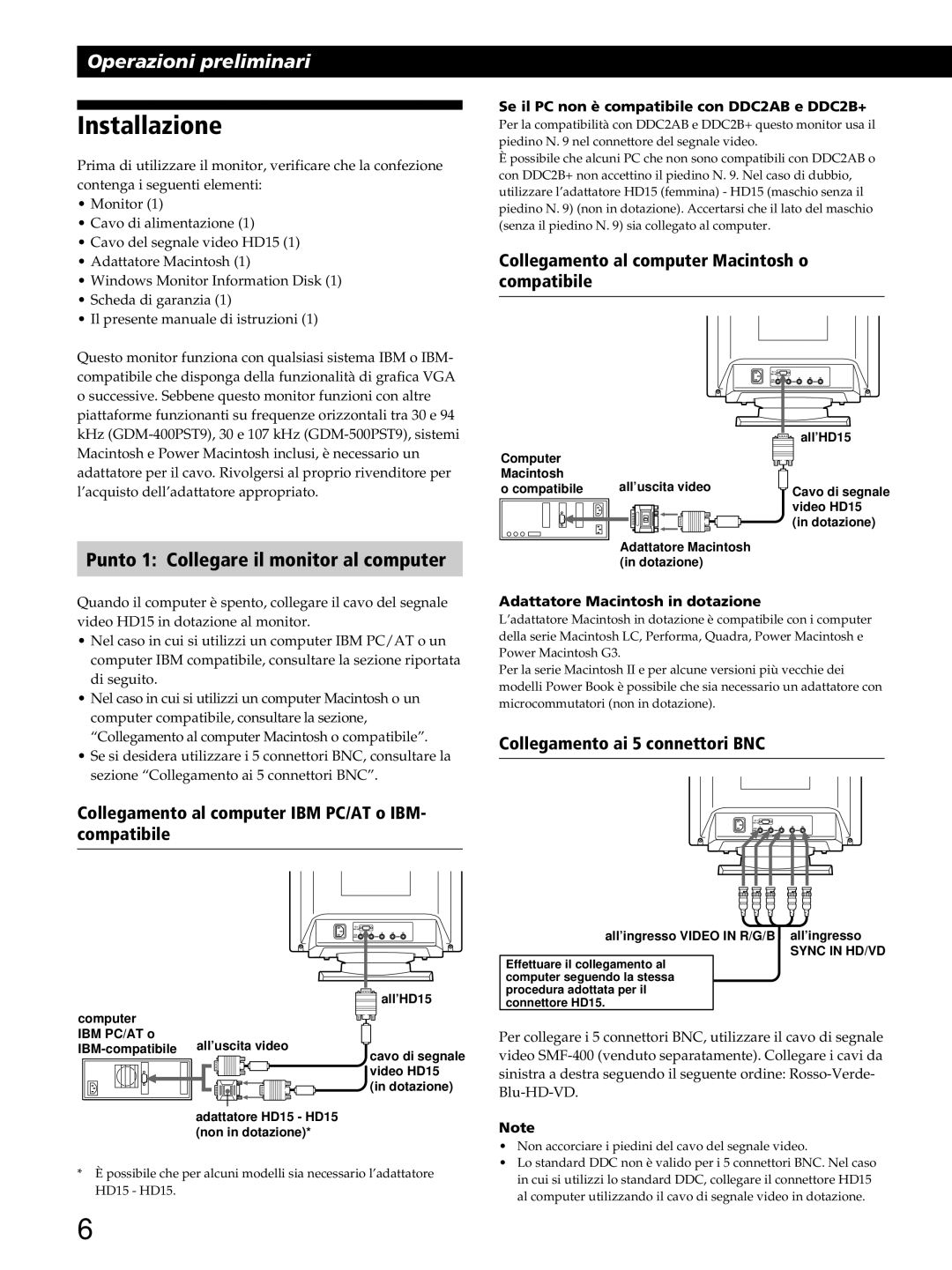 Sony GDM-400PST9 Installazione, Punto 1 Collegare il monitor al computer, Collegamento al computer Macintosh o compatibile 