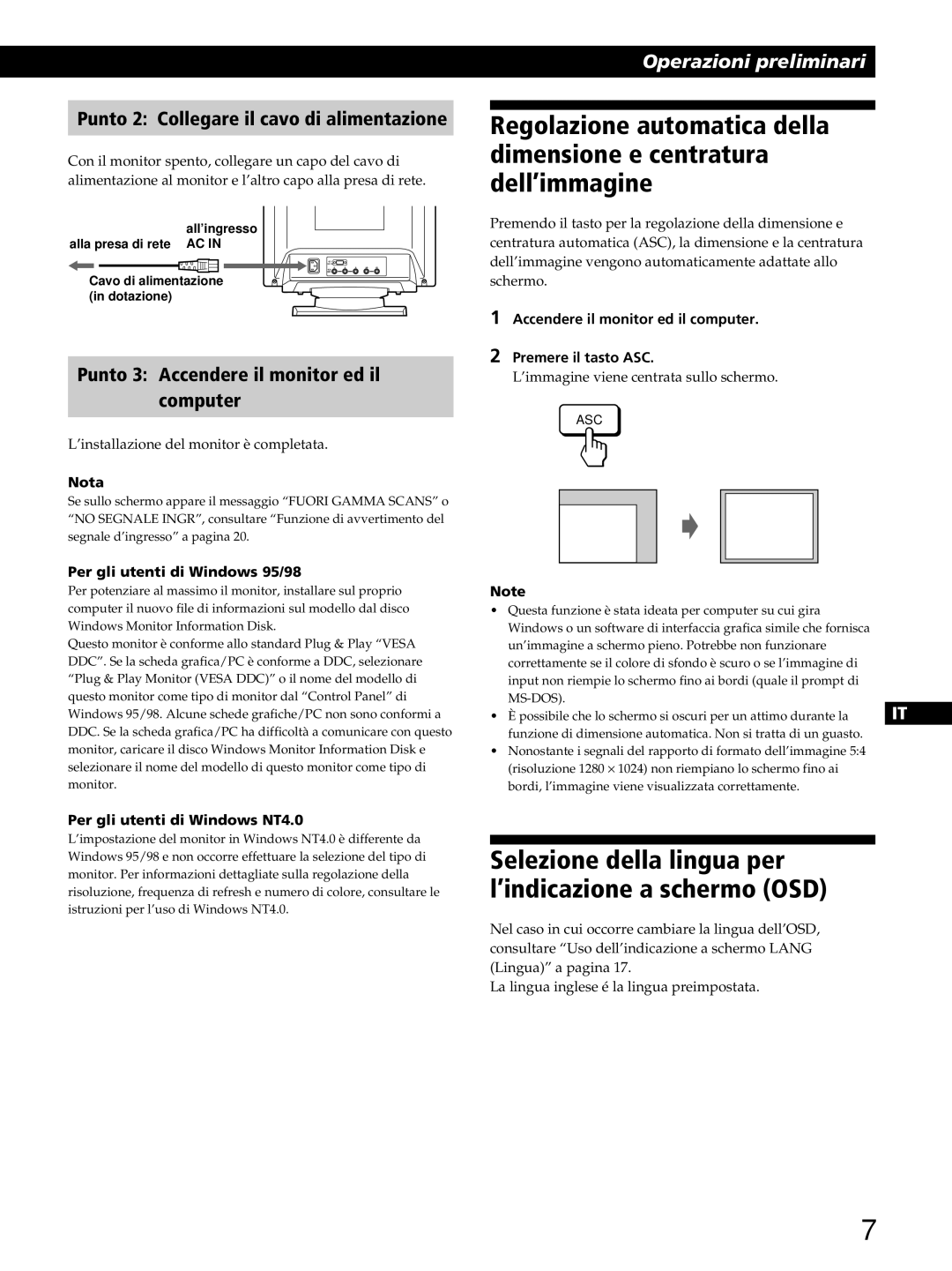 Sony GDM-400PST9 manual Punto 2 Collegare il cavo di alimentazione, Punto 3 Accendere il monitor ed il Computer 