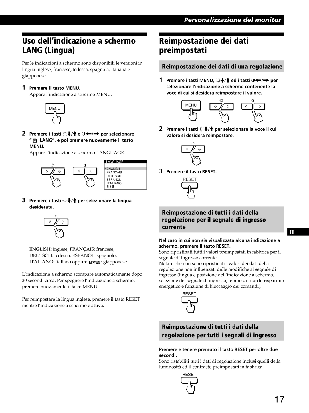 Sony GDM-400PST9 manual Uso dell’indicazione a schermo Lang Lingua, Reimpostazione dei dati preimpostati 