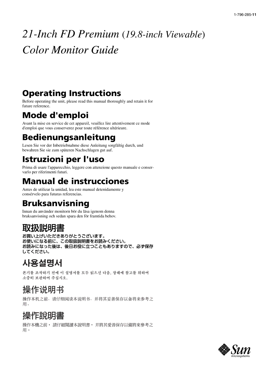 Sony GDM-5510 operating instructions Color Monitor Guide 