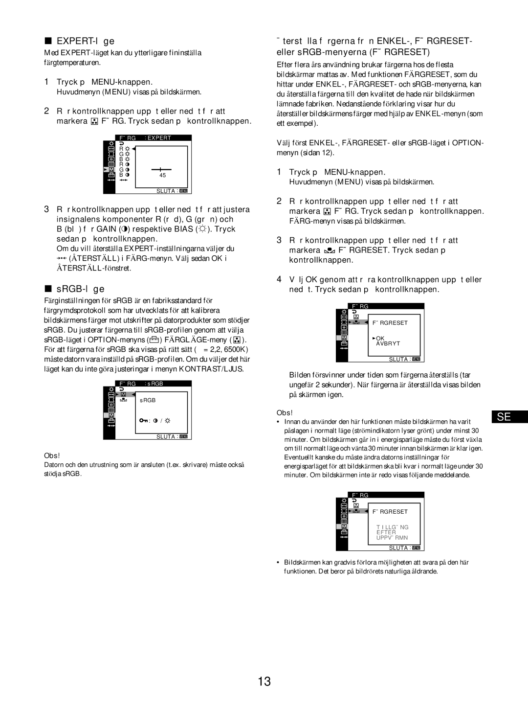 Sony GDM-5510 operating instructions EXPERT-läge, SRGB-läge 