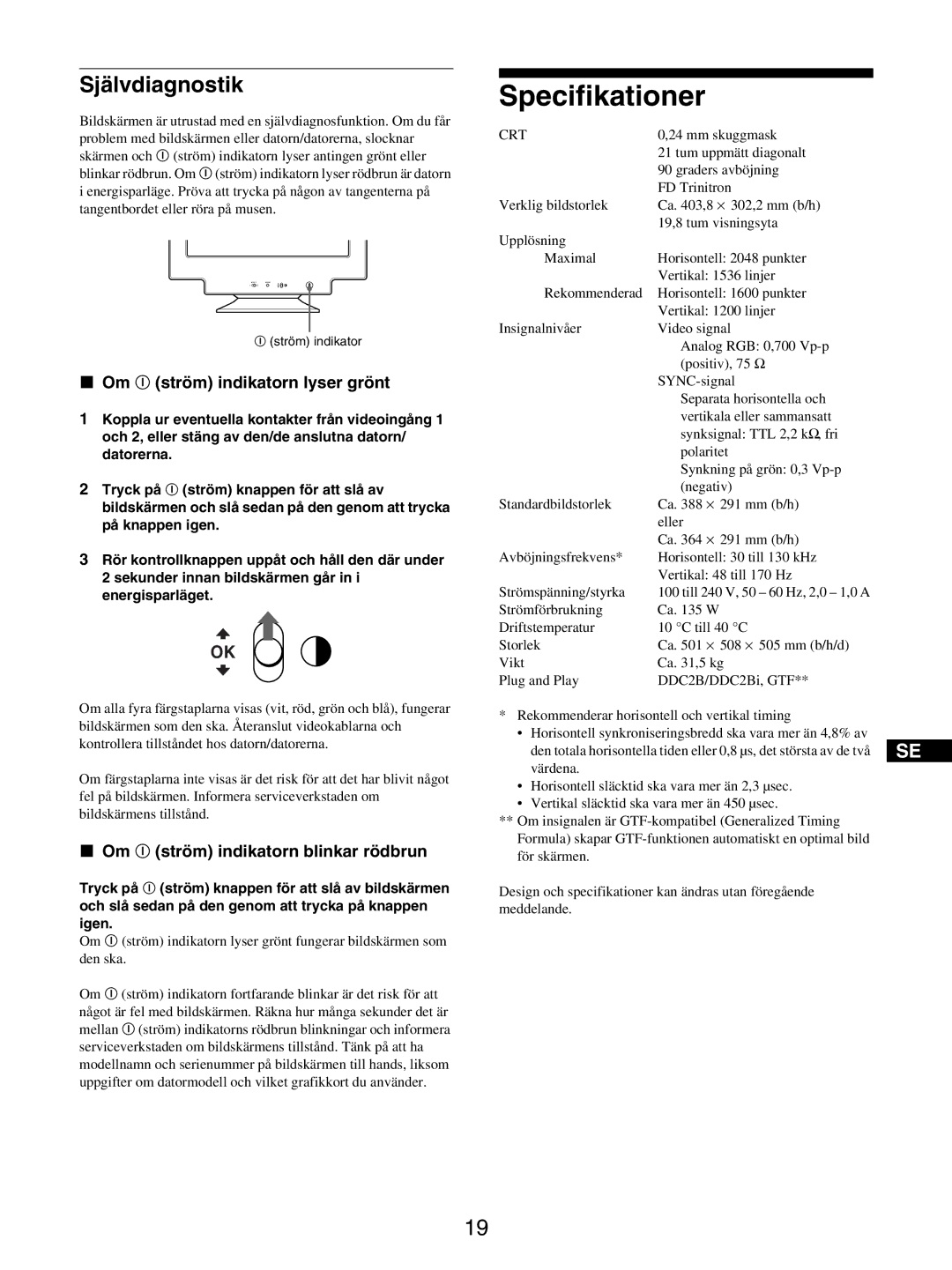 Sony GDM-5510 Specifikationer, Självdiagnostik, Om ! ström indikatorn lyser grönt, Om ! ström indikatorn blinkar rödbrun 