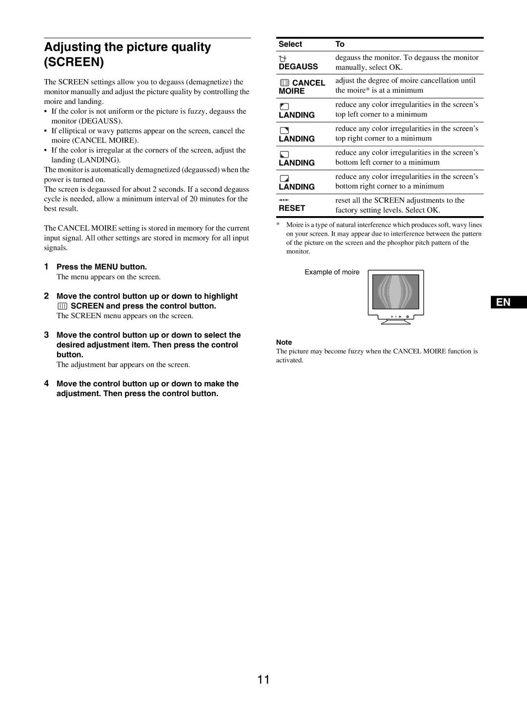 Sony GDM-5510 operating instructions Adjusting the picture quality Screen 