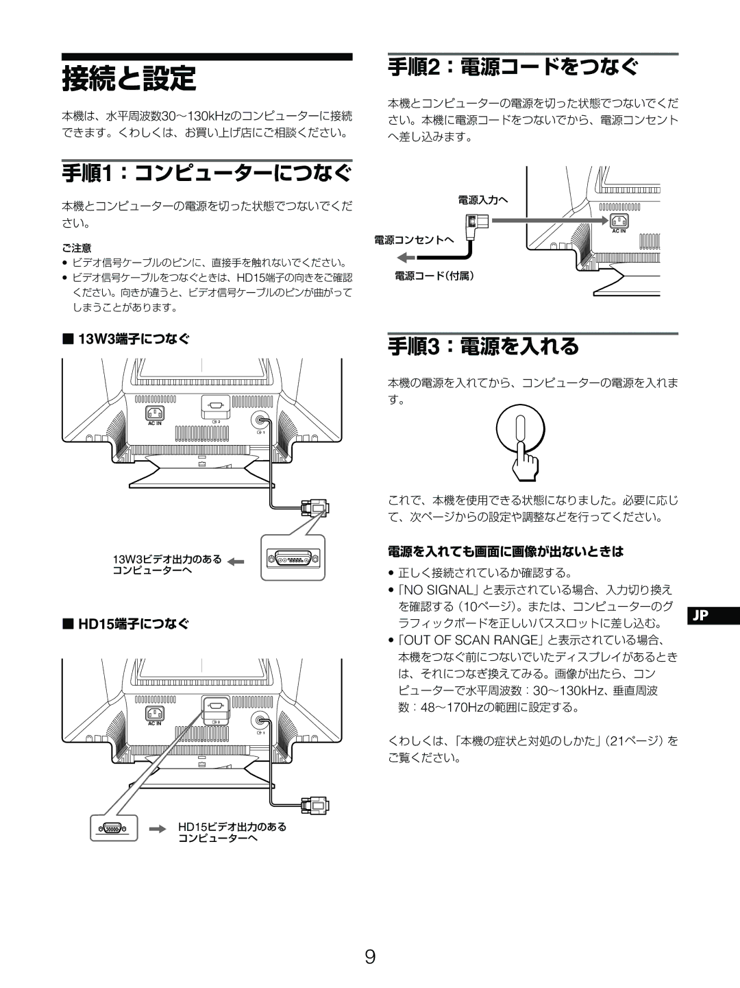 Sony GDM-5510 operating instructions 手順2：電源コードをつなぐ, 手順1：コンピューターにつなぐ, 手順3：電源を入れる 