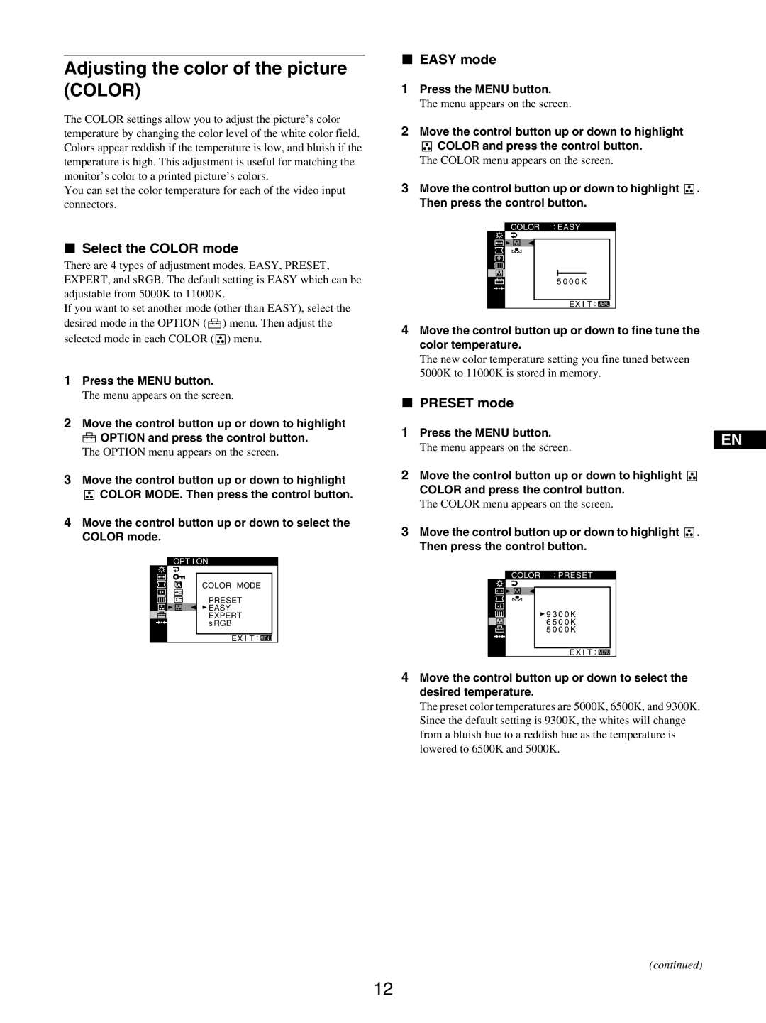 Sony GDM-5510 Adjusting the color of the picture Color, Select the Color mode, Easy mode, Preset mode 