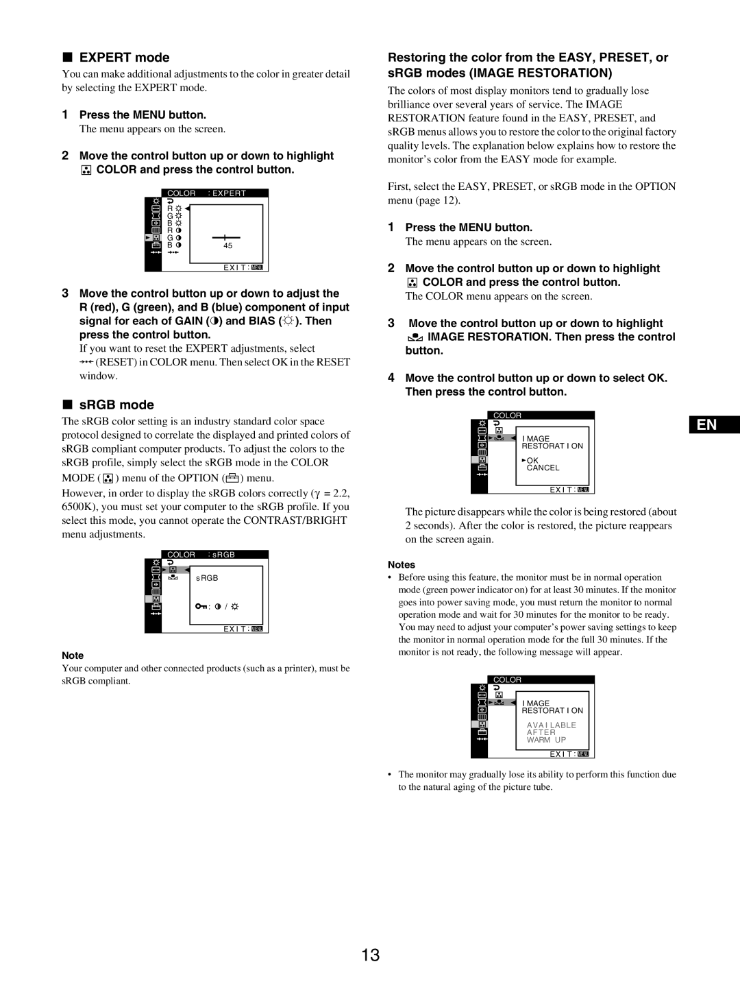 Sony GDM-5510 operating instructions Expert mode, SRGB mode 