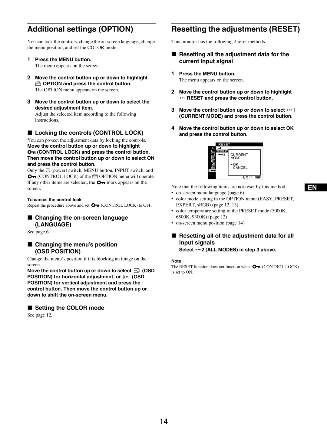 Sony GDM-5510 operating instructions Additional settings Option, Resetting the adjustments Reset 