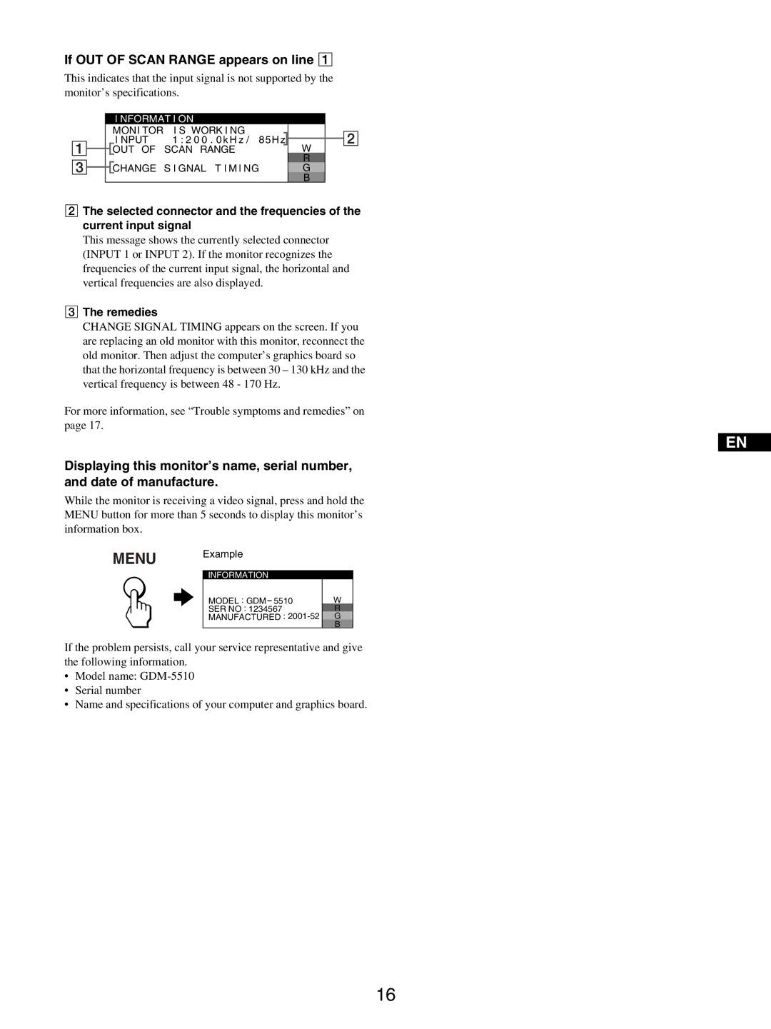 Sony GDM-5510 operating instructions If OUT of Scan Range appears on line 