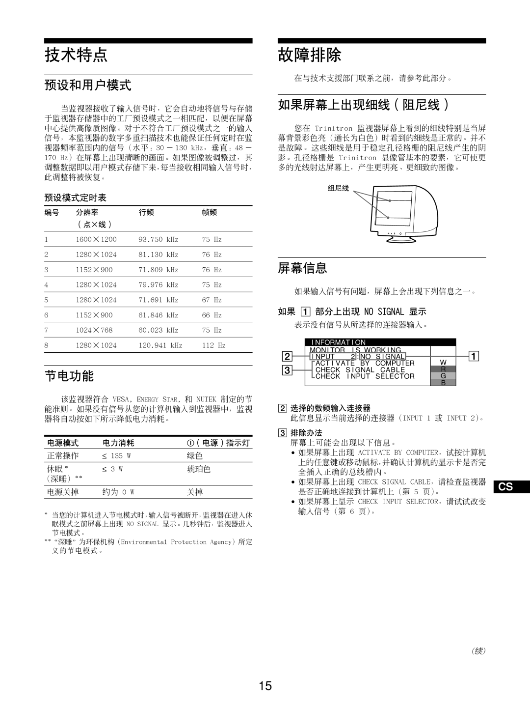 Sony GDM-5510 operating instructions 预设和用户模式, 节电功能, 如果屏幕上出现细线（阻尼线）, 屏幕信息 