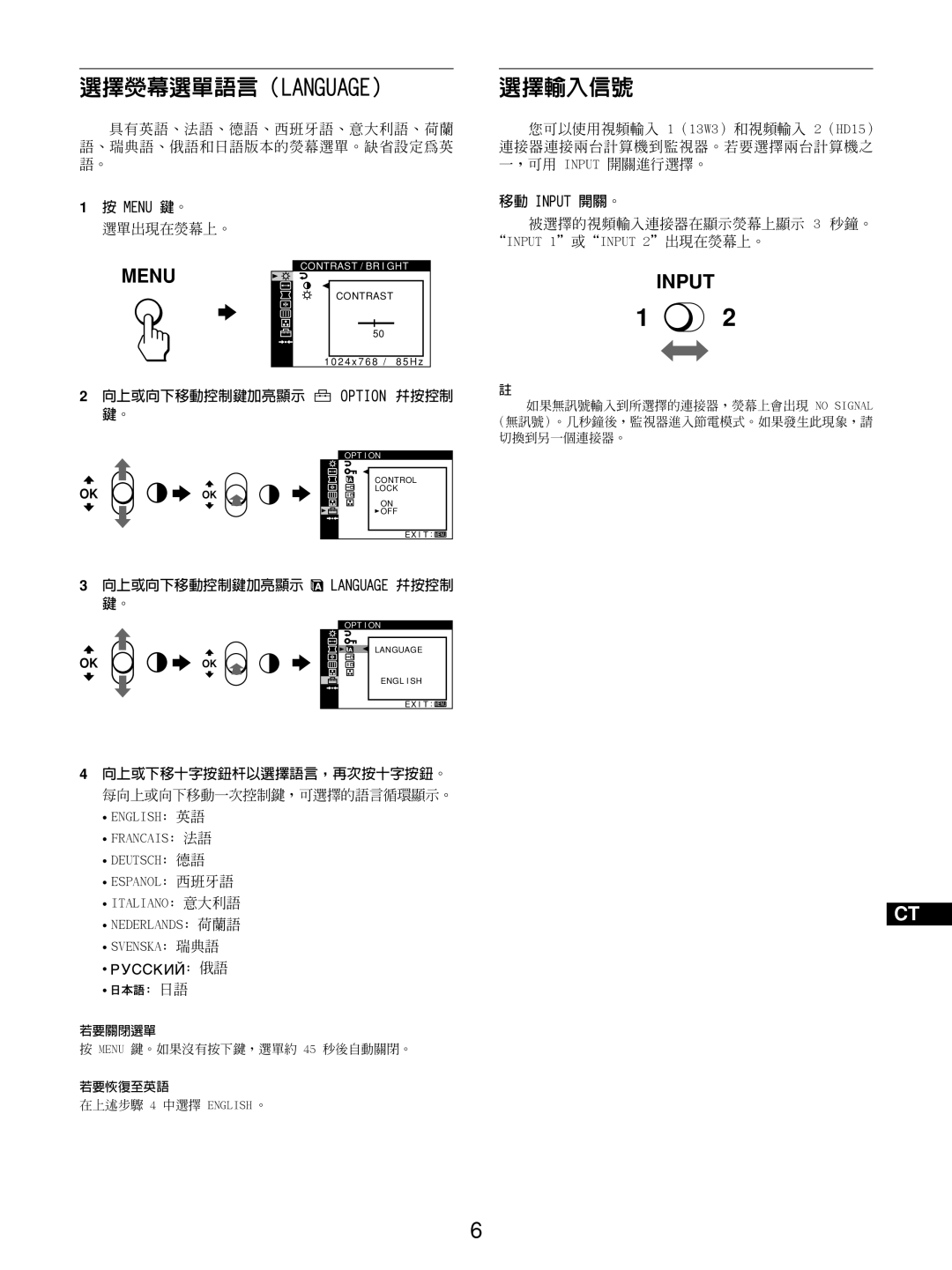 Sony GDM-5510 operating instructions 選擇熒幕選單語言（Language）, 選擇輸入信號 