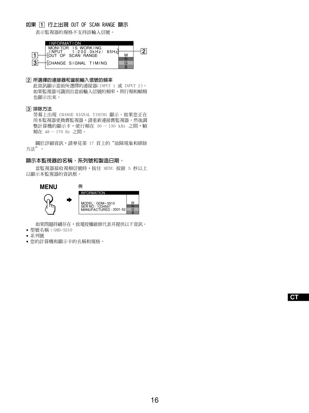 Sony GDM-5510 operating instructions 顯示本監視器的名稱、系列號和製造日期。 