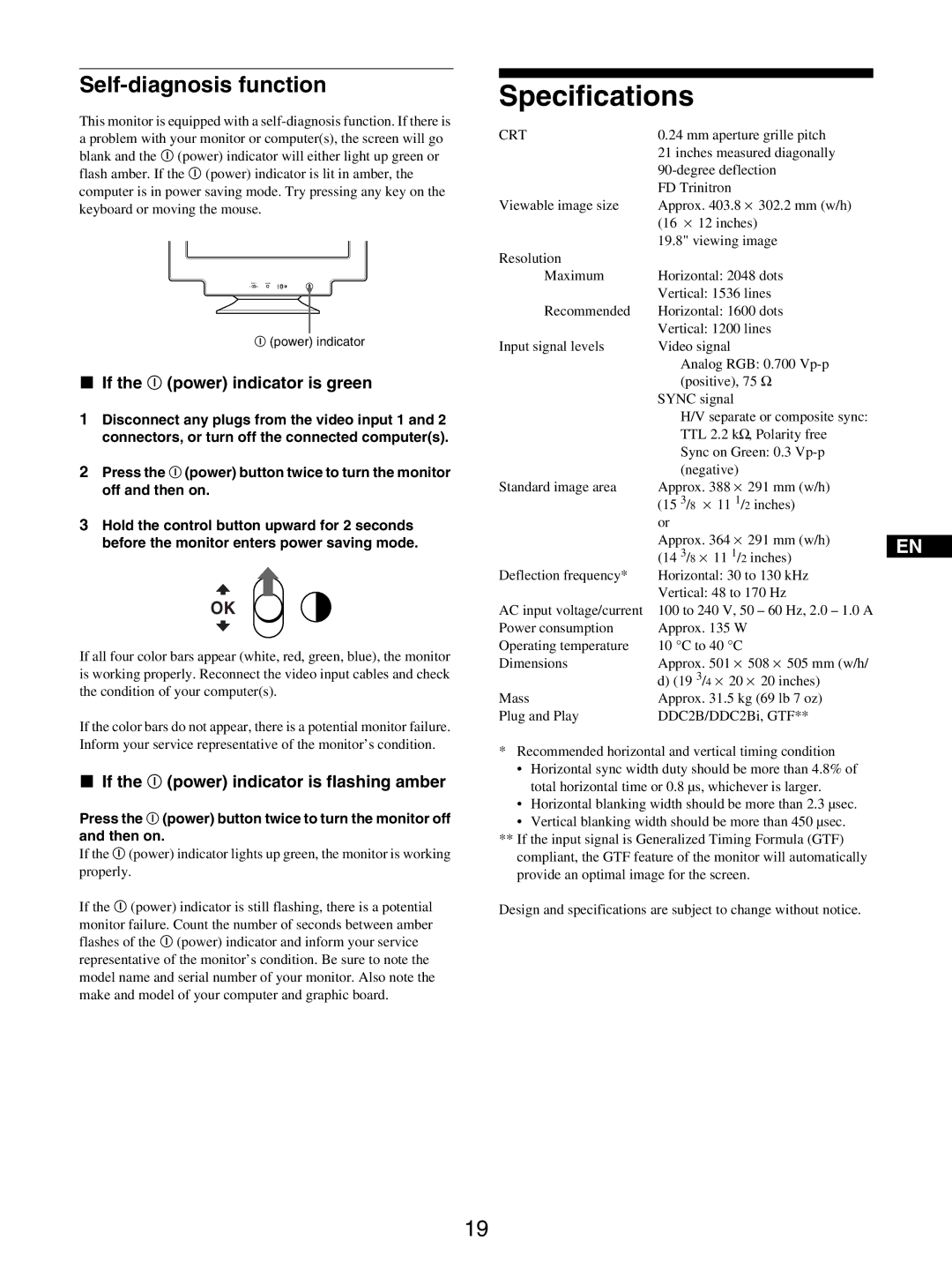 Sony GDM-5510 operating instructions Specifications, Self-diagnosis function, If the ! power indicator is green 