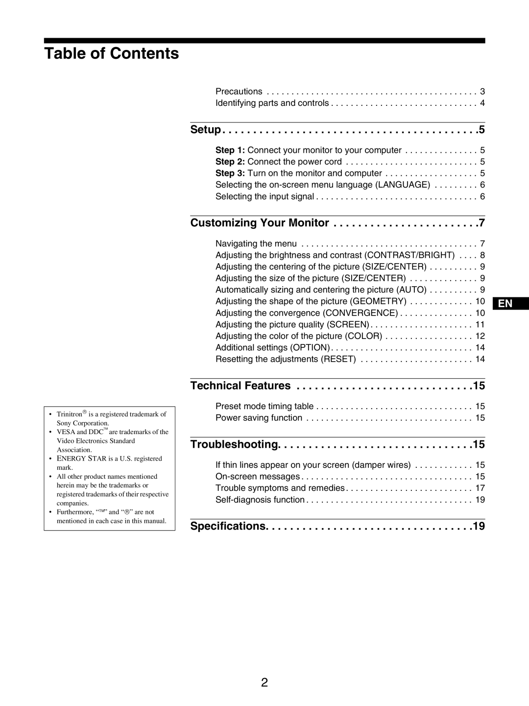 Sony GDM-5510 operating instructions Table of Contents 