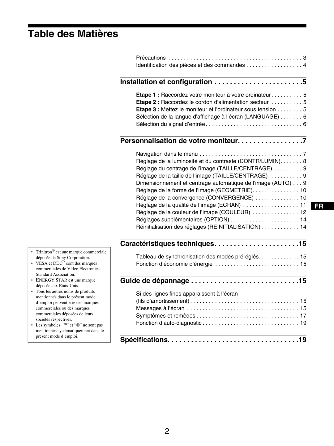 Sony GDM-5510 operating instructions Table des Matières, Installation et configuration 