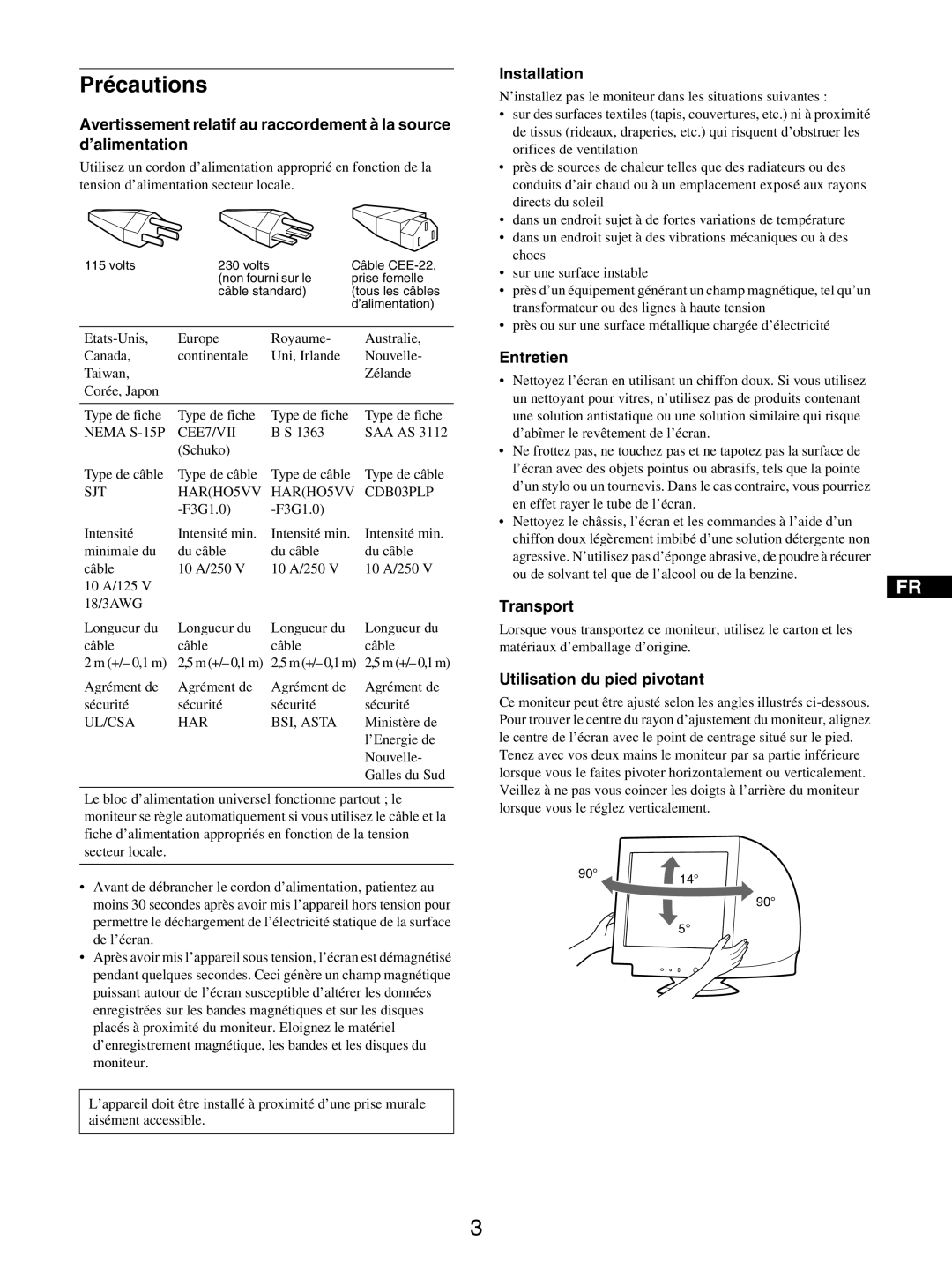 Sony GDM-5510 operating instructions Précautions, Entretien, Transport, Utilisation du pied pivotant 