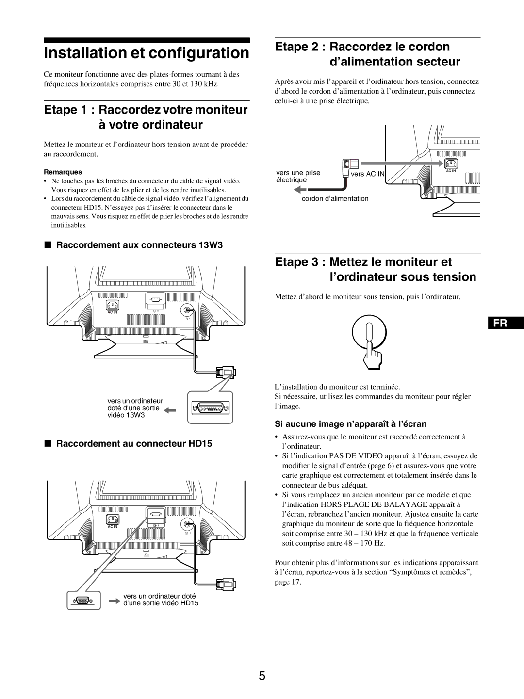 Sony GDM-5510 operating instructions Installation et configuration, Etape 1 Raccordez votre moniteur Votre ordinateur 