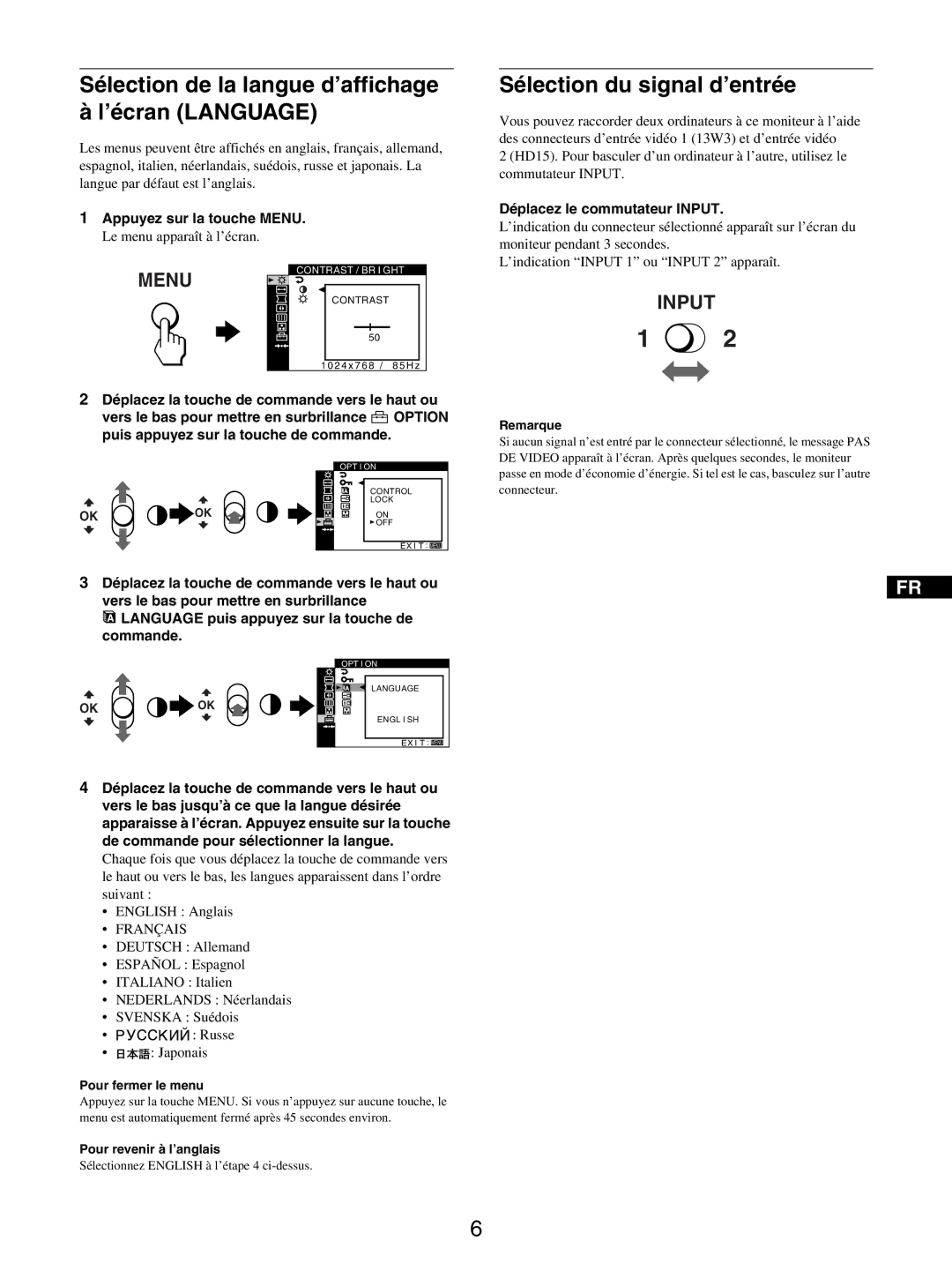 Sony GDM-5510 Sélection de la langue d’affichage ’écran Language, Sélection du signal d’entrée, Appuyez sur la touche Menu 