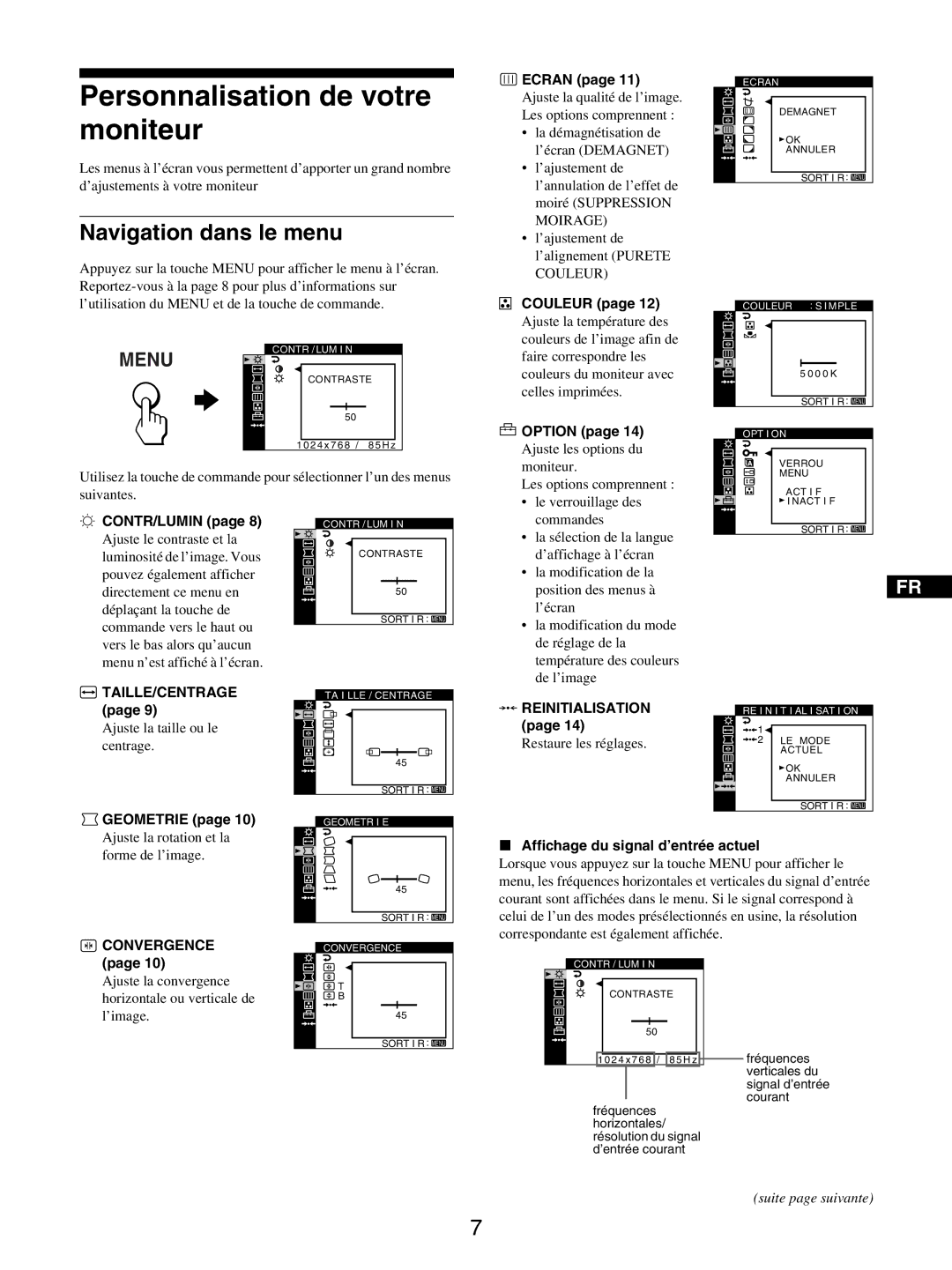 Sony GDM-5510 operating instructions Personnalisation de votre moniteur, Navigation dans le menu 