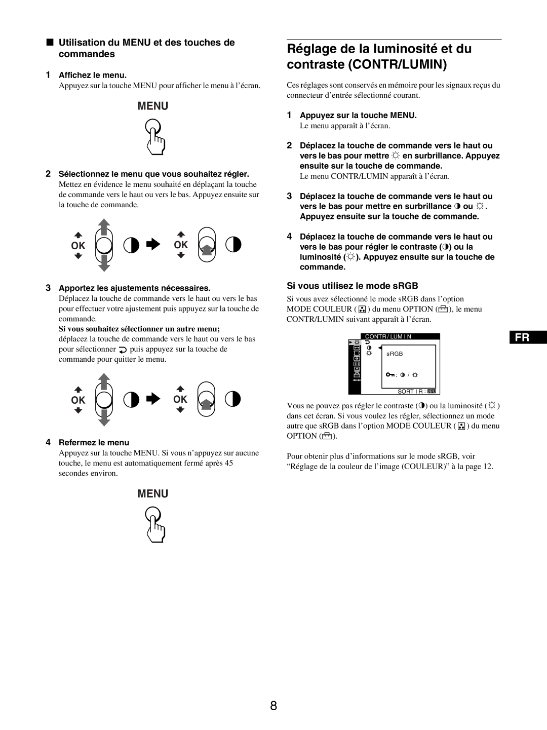 Sony GDM-5510 Réglage de la luminosité et du contraste CONTR/LUMIN, Utilisation du Menu et des touches de commandes 