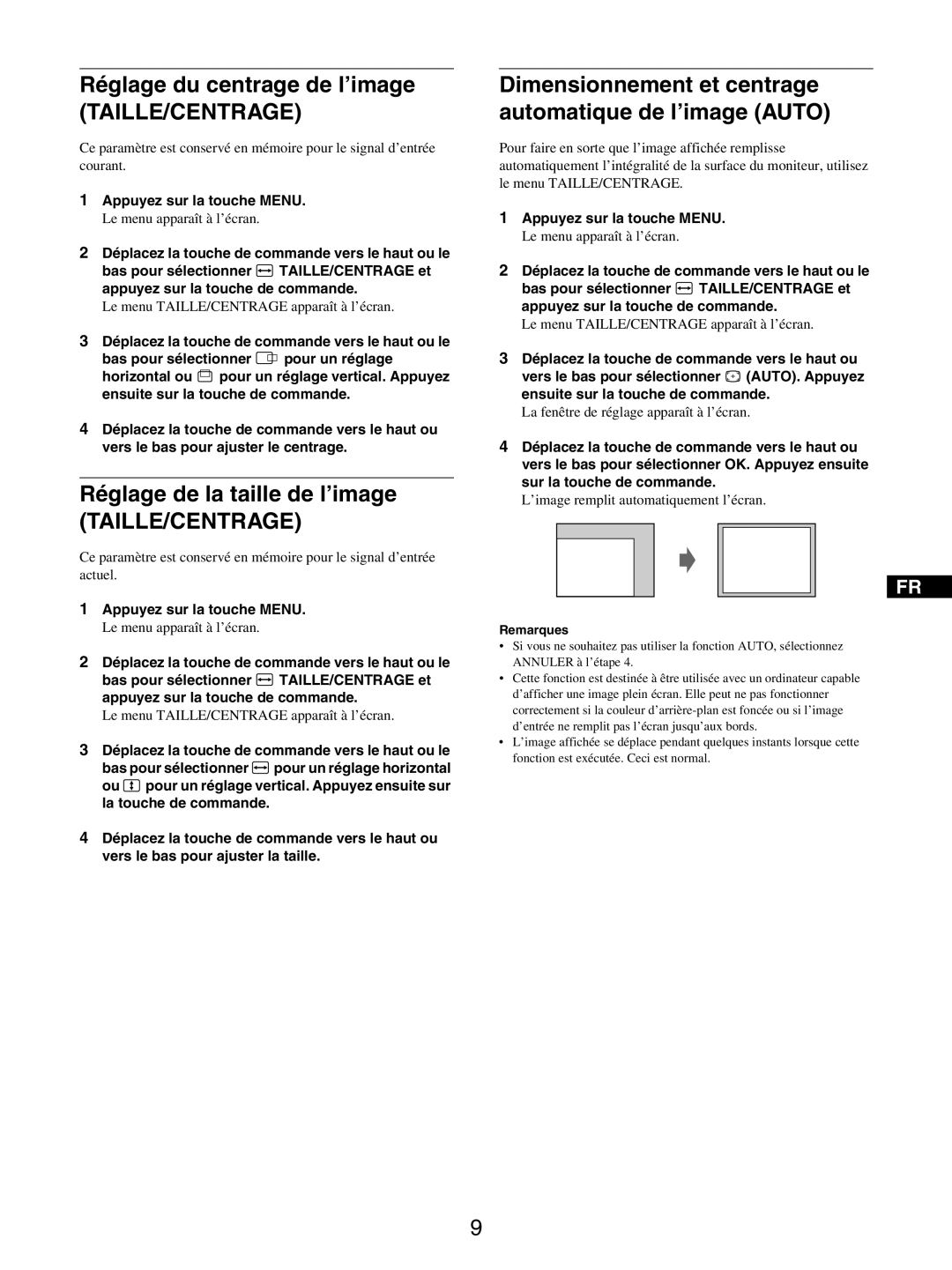 Sony GDM-5510 operating instructions Réglage du centrage de l’image, Taille/Centrage, Réglage de la taille de l’image 