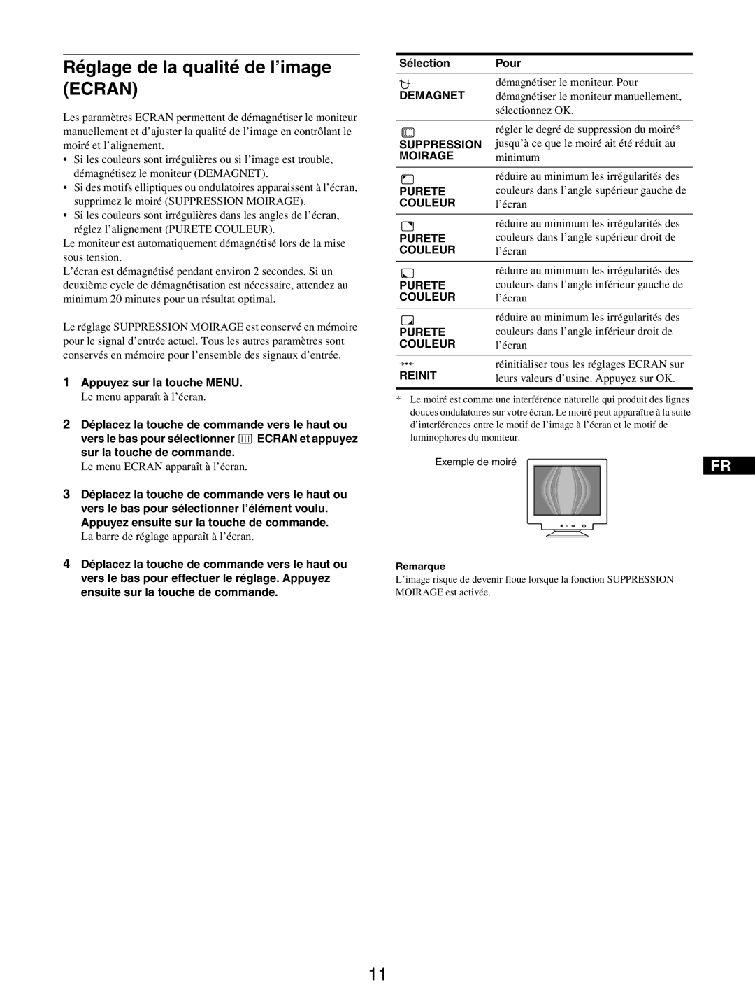 Sony GDM-5510 operating instructions Réglage de la qualité de l’image Ecran 