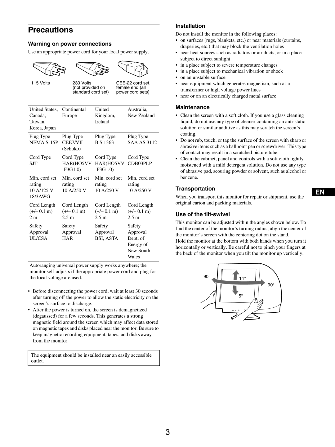 Sony GDM-5510 operating instructions Precautions, Installation, Maintenance, Transportation, Use of the tilt-swivel 