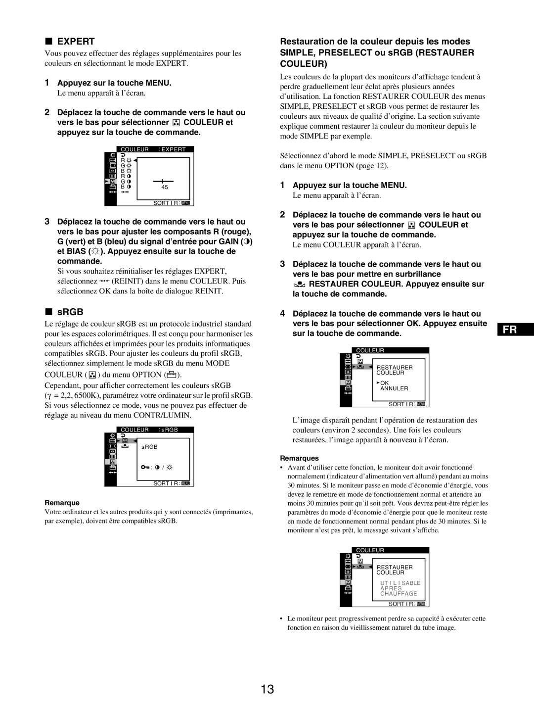 Sony GDM-5510 operating instructions Expert, Srgb, Le menu Couleur apparaît à l’écran 