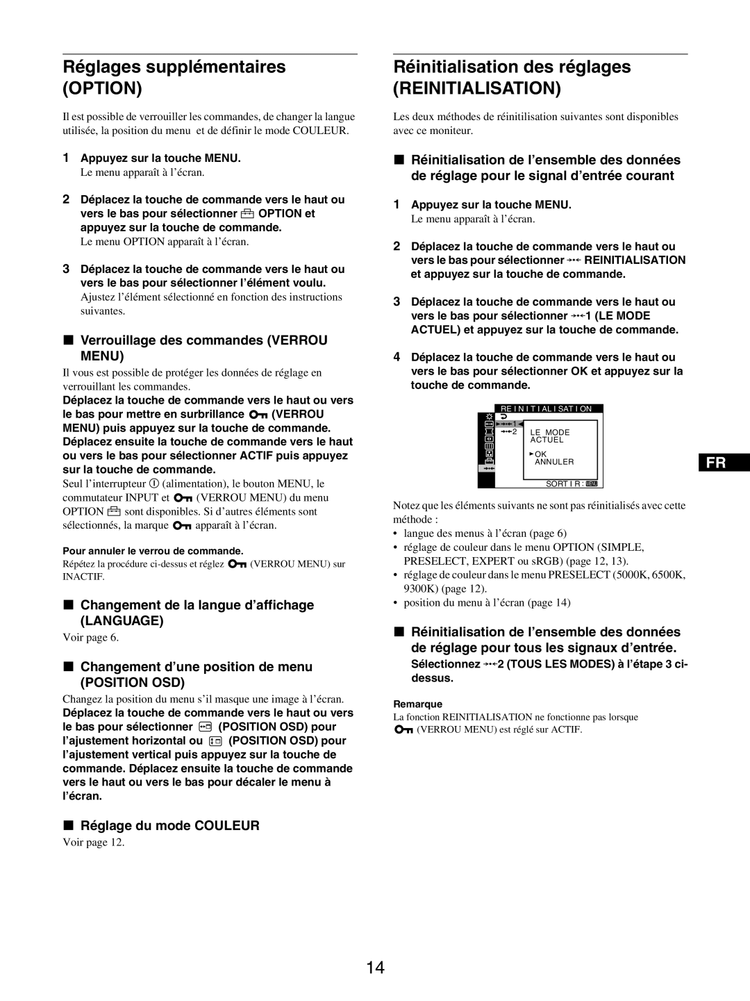 Sony GDM-5510 operating instructions Réinitialisation des réglages, Reinitialisation 