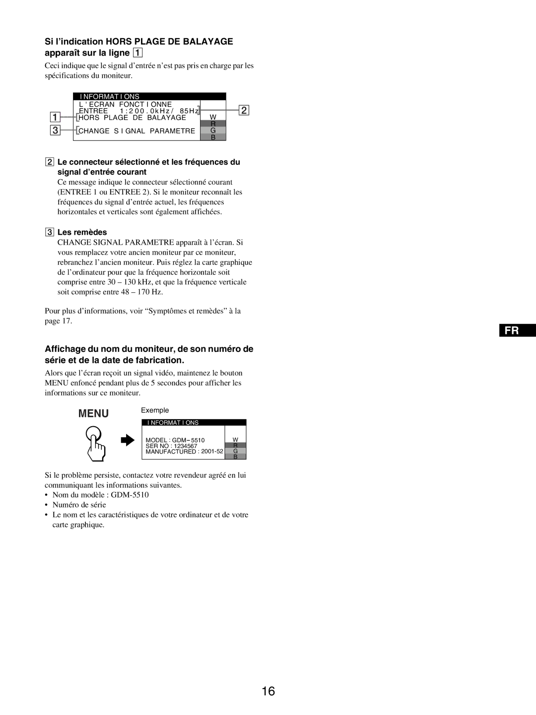 Sony GDM-5510 operating instructions Si l’indication Hors Plage DE Balayage apparaît sur la ligne 