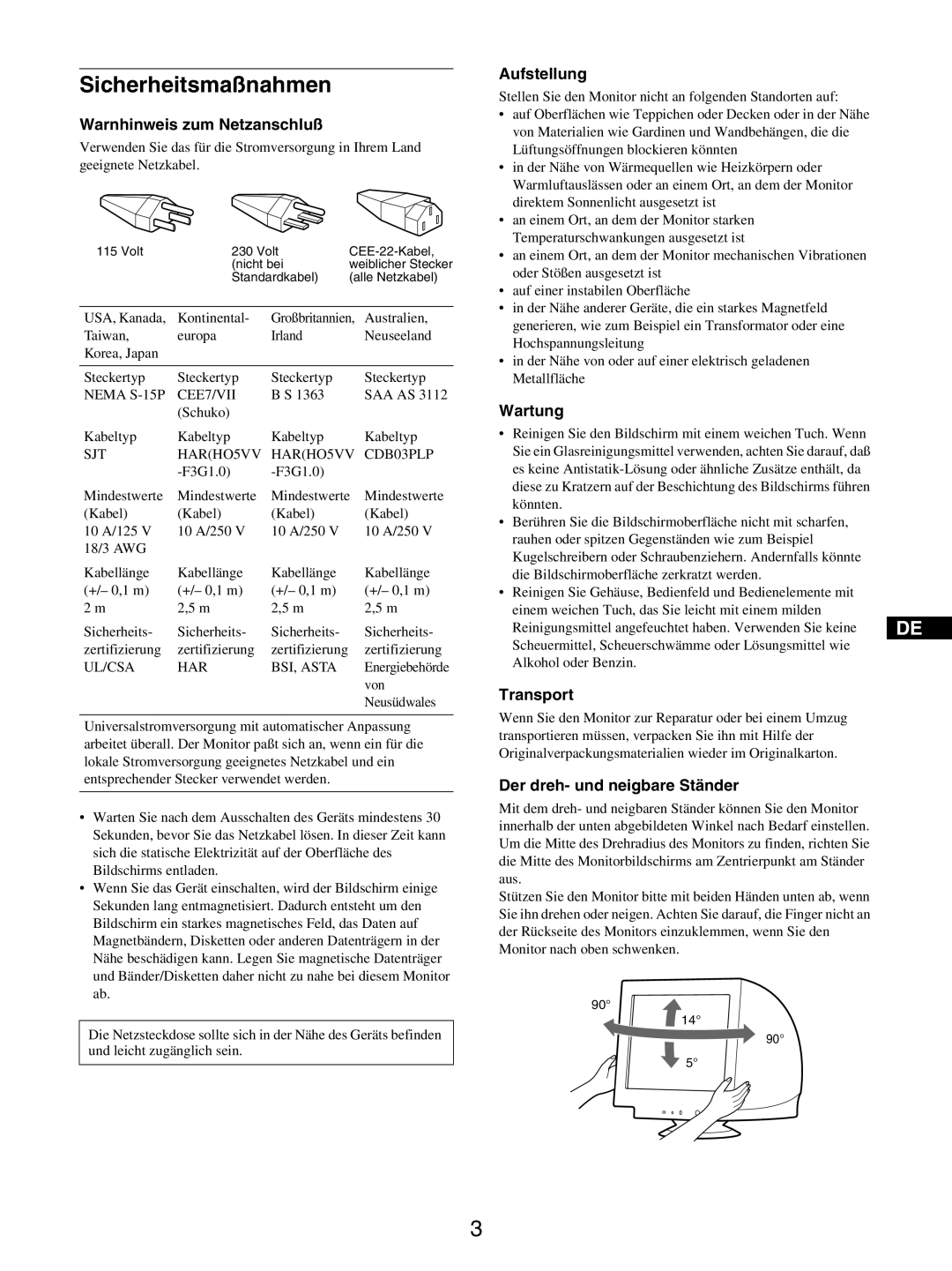 Sony GDM-5510 Sicherheitsmaßnahmen, Warnhinweis zum Netzanschluß, Aufstellung, Wartung, Der dreh- und neigbare Ständer 