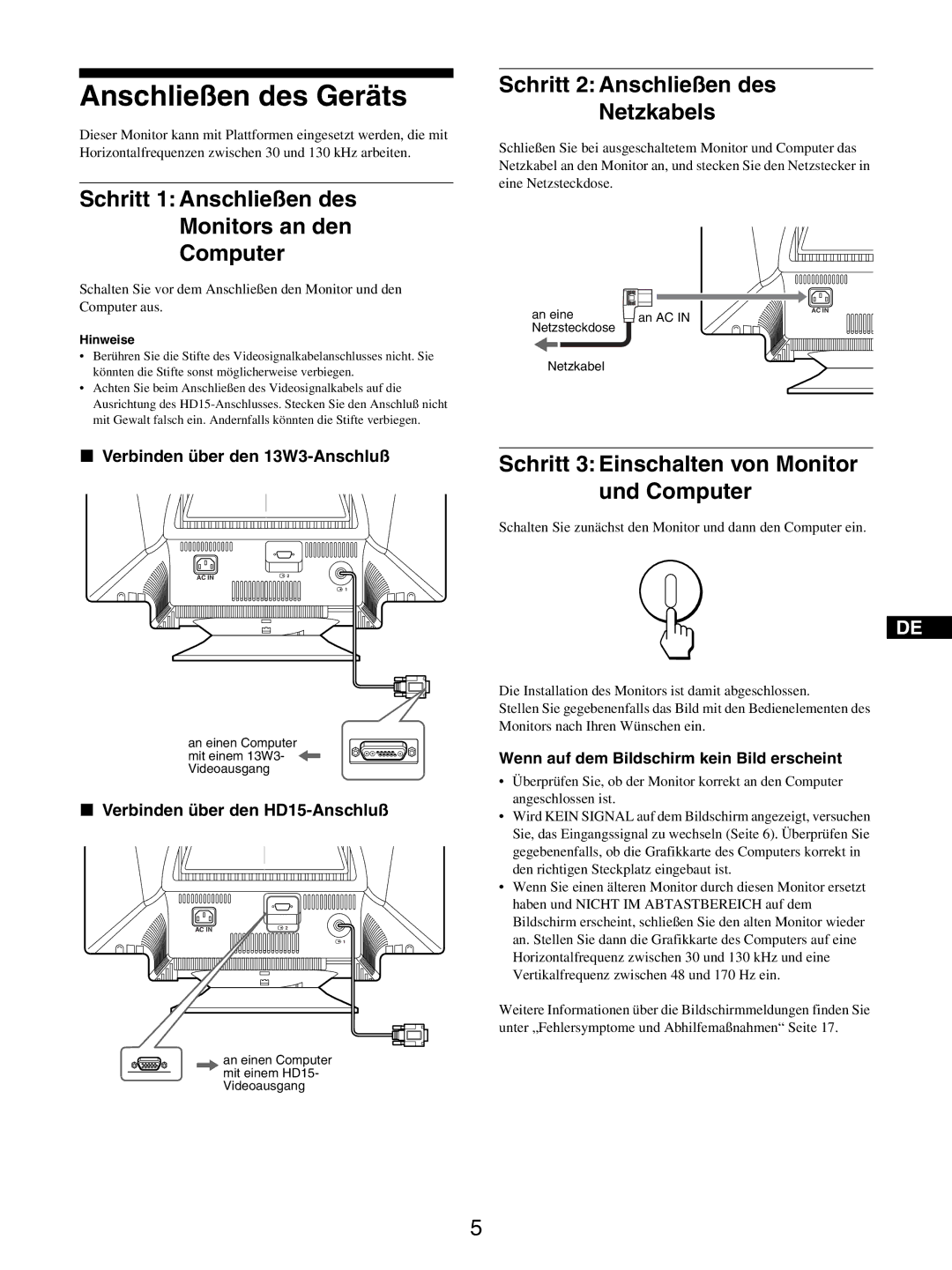 Sony GDM-5510 Anschließen des Geräts, Schritt 2 Anschließen des Netzkabels, Schritt 3 Einschalten von Monitor und Computer 