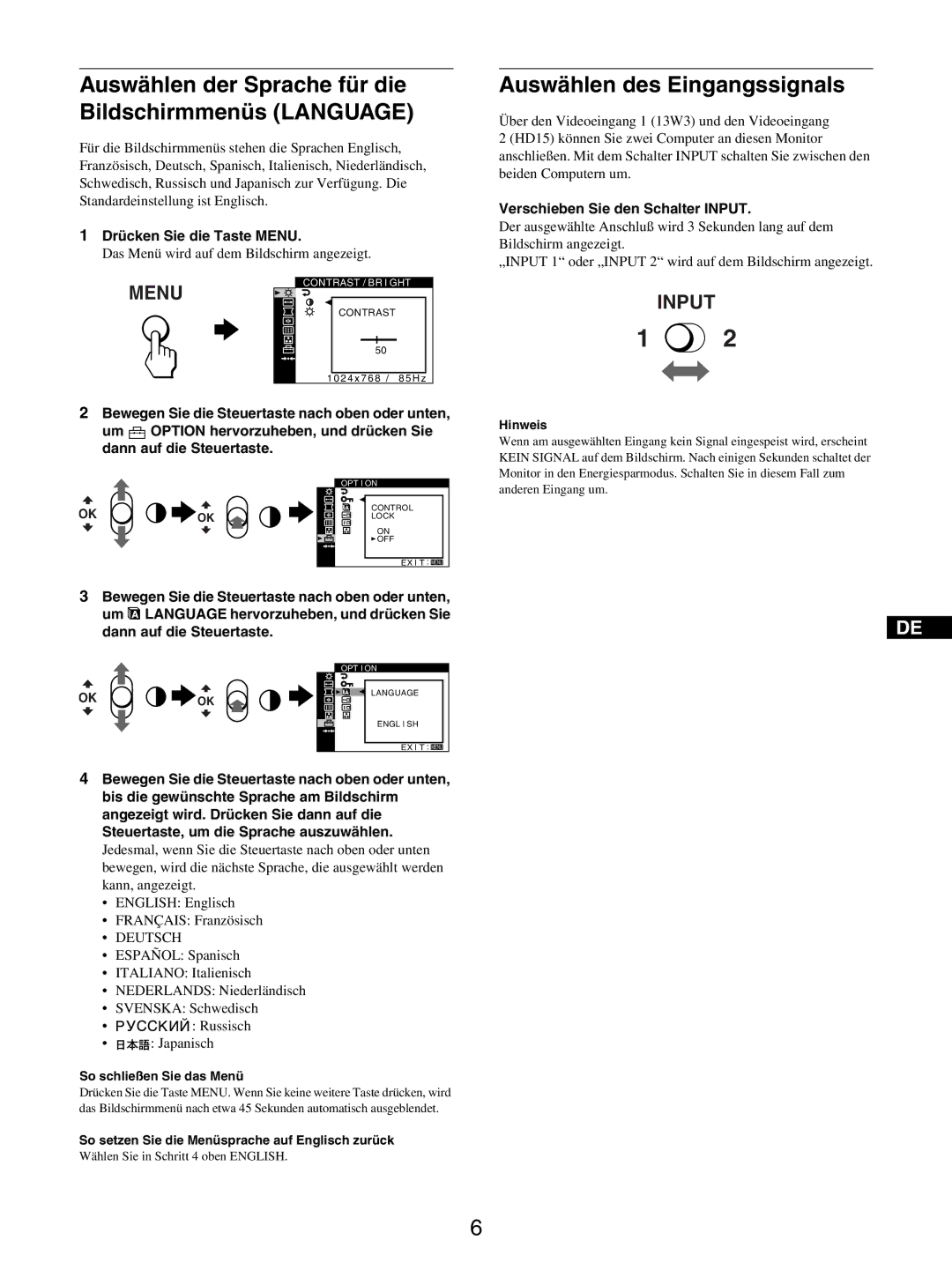 Sony GDM-5510 Auswählen des Eingangssignals, Drücken Sie die Taste Menu, Das Menü wird auf dem Bildschirm angezeigt 