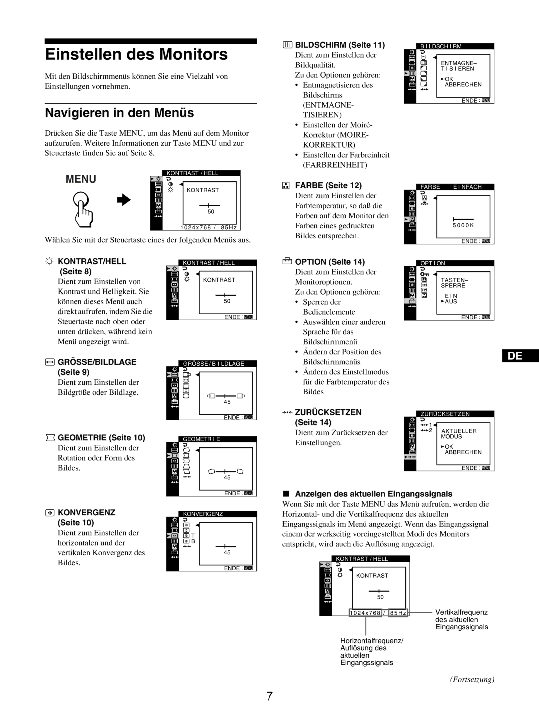 Sony GDM-5510 operating instructions Einstellen des Monitors, Navigieren in den Menüs 