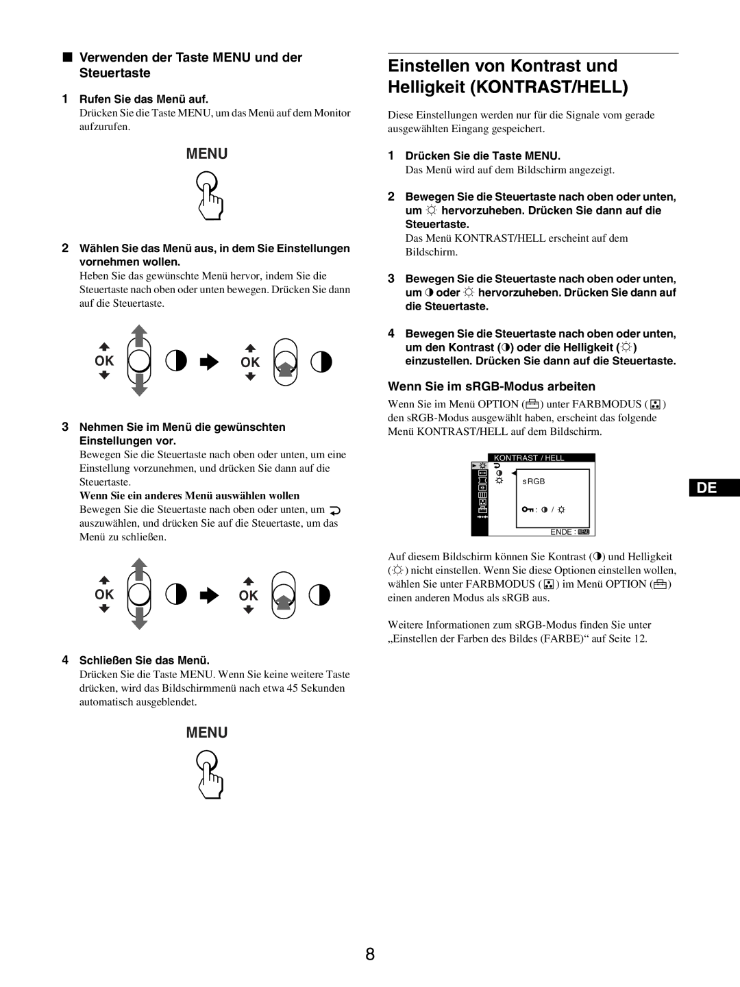 Sony GDM-5510 Einstellen von Kontrast und Helligkeit KONTRAST/HELL, Verwenden der Taste Menu und der Steuertaste 