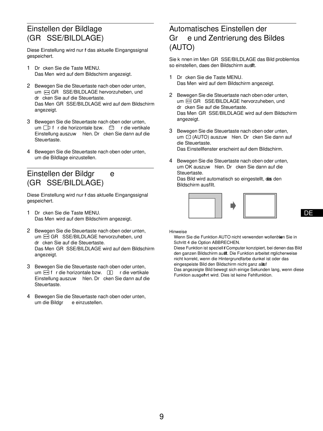 Sony GDM-5510 operating instructions Einstellen der Bildlage, Grösse/Bildlage, Einstellen der Bildgröße 