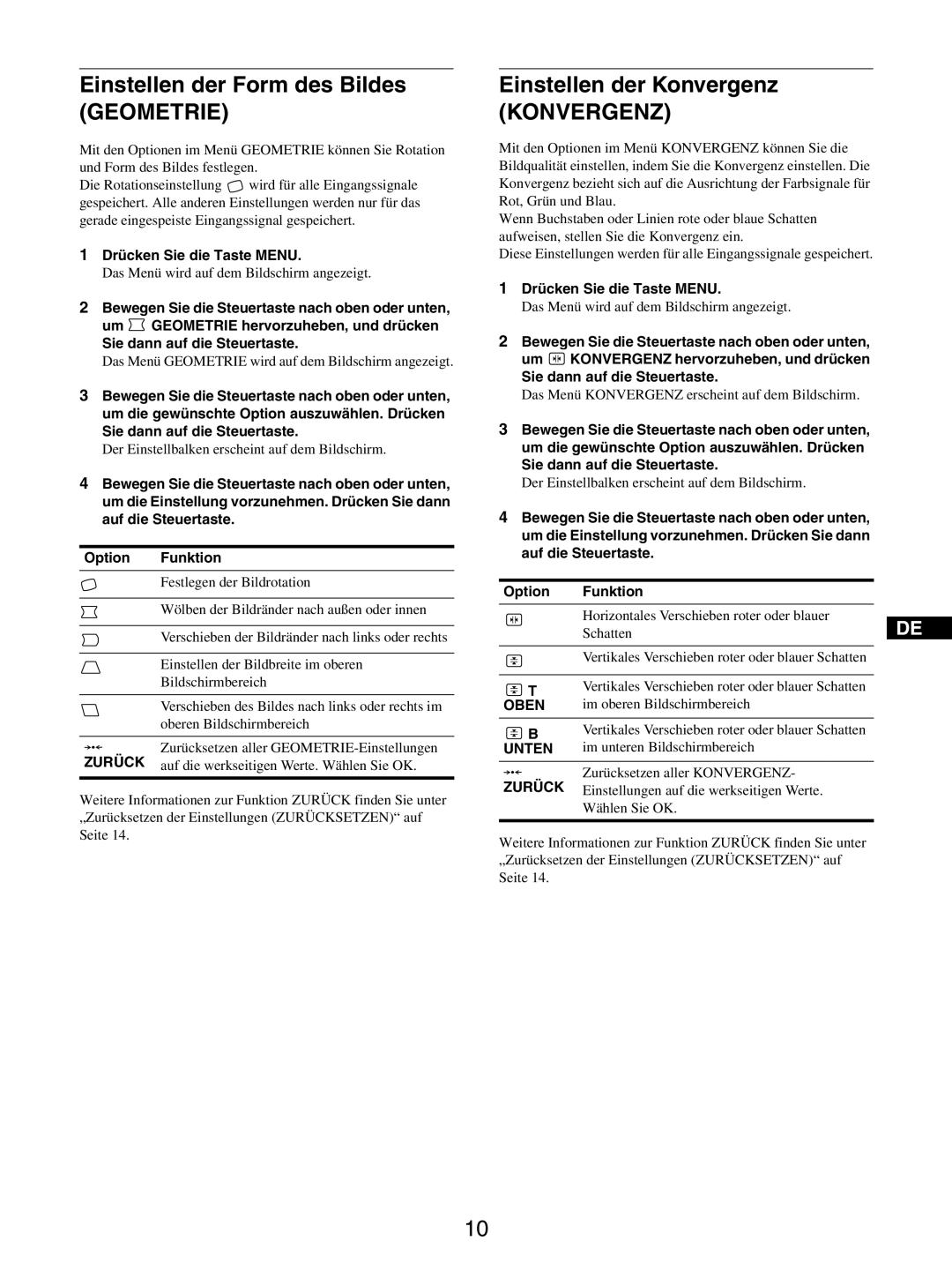 Sony GDM-5510 operating instructions Einstellen der Form des Bildes, Einstellen der Konvergenz 