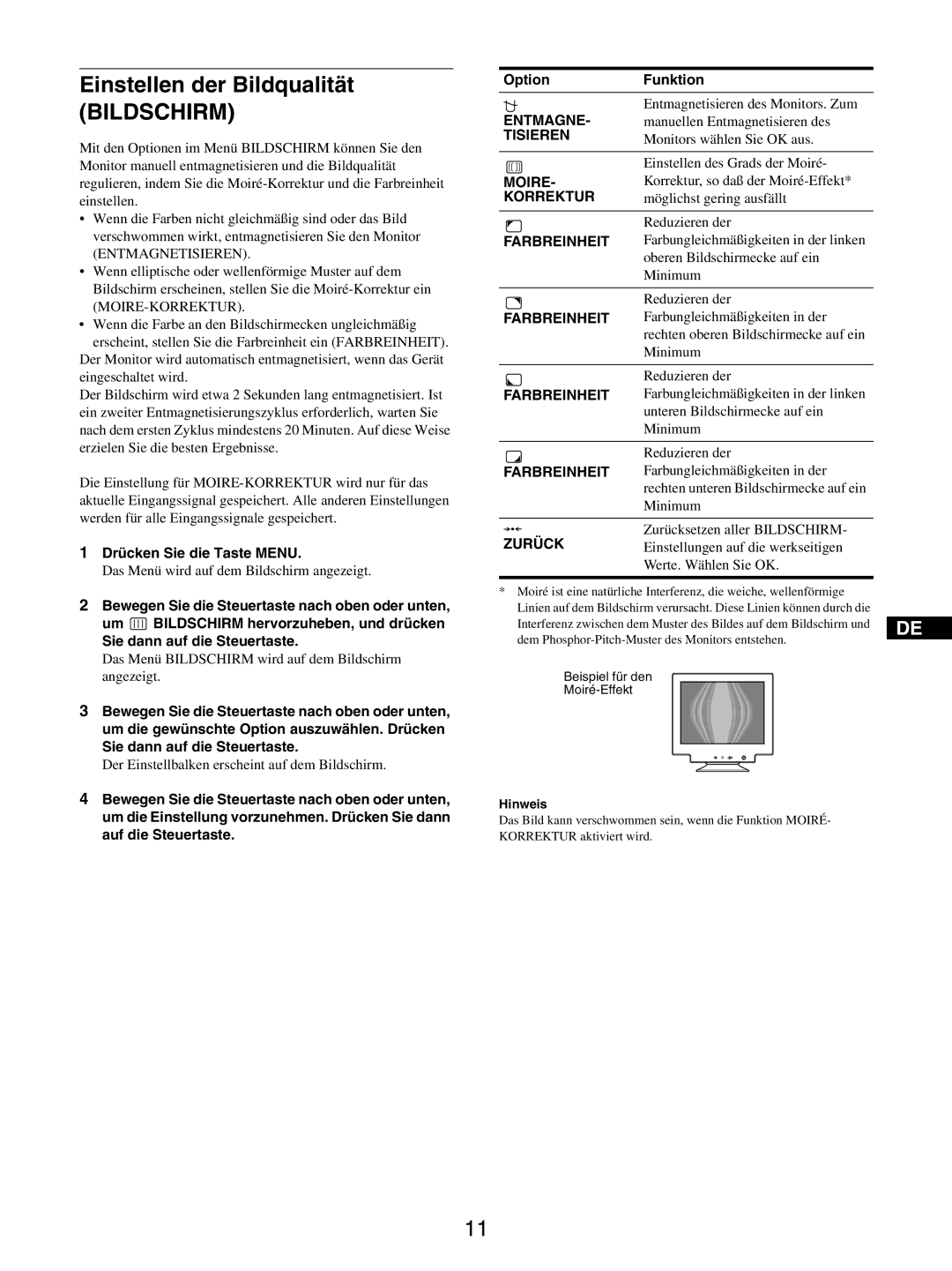 Sony GDM-5510 operating instructions Einstellen der Bildqualität, Bildschirm, Entmagnetisieren 