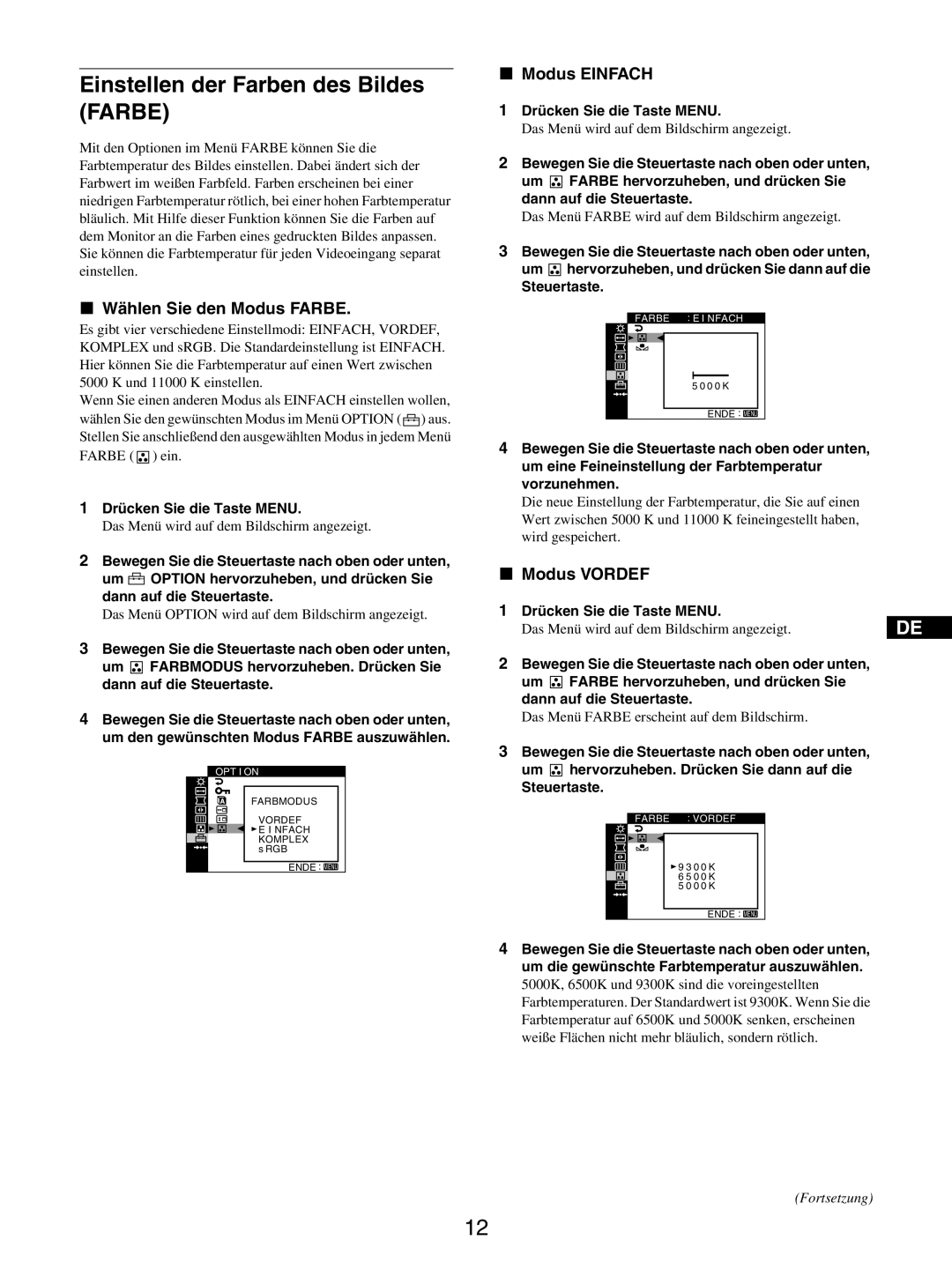 Sony GDM-5510 Einstellen der Farben des Bildes Farbe, Wählen Sie den Modus Farbe, Modus Einfach, Modus Vordef 