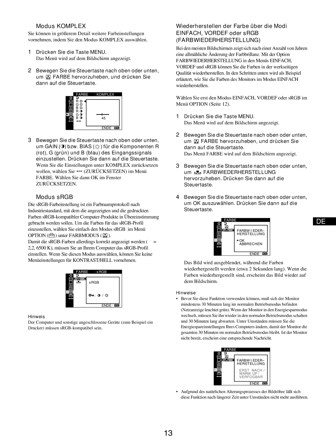 Sony GDM-5510 operating instructions Modus Komplex, Modus sRGB, Zurücksetzen 