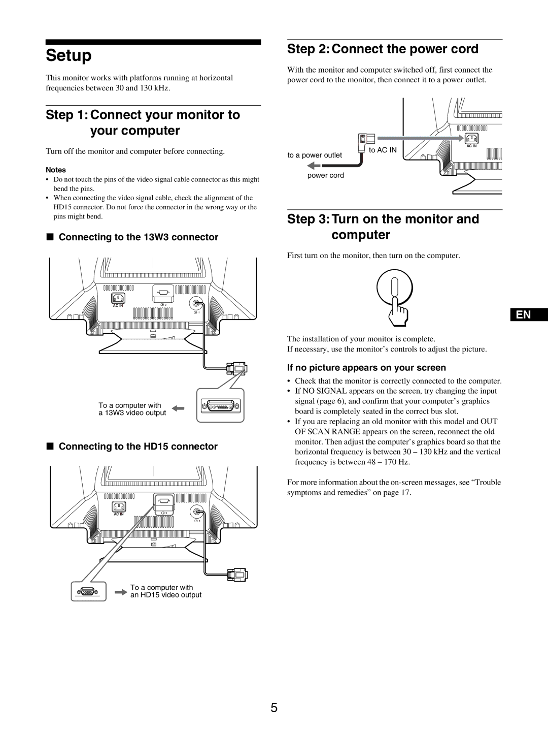 Sony GDM-5510 Setup, Turn on the monitor and computer, Connecting to the 13W3 connector, Connecting to the HD15 connector 