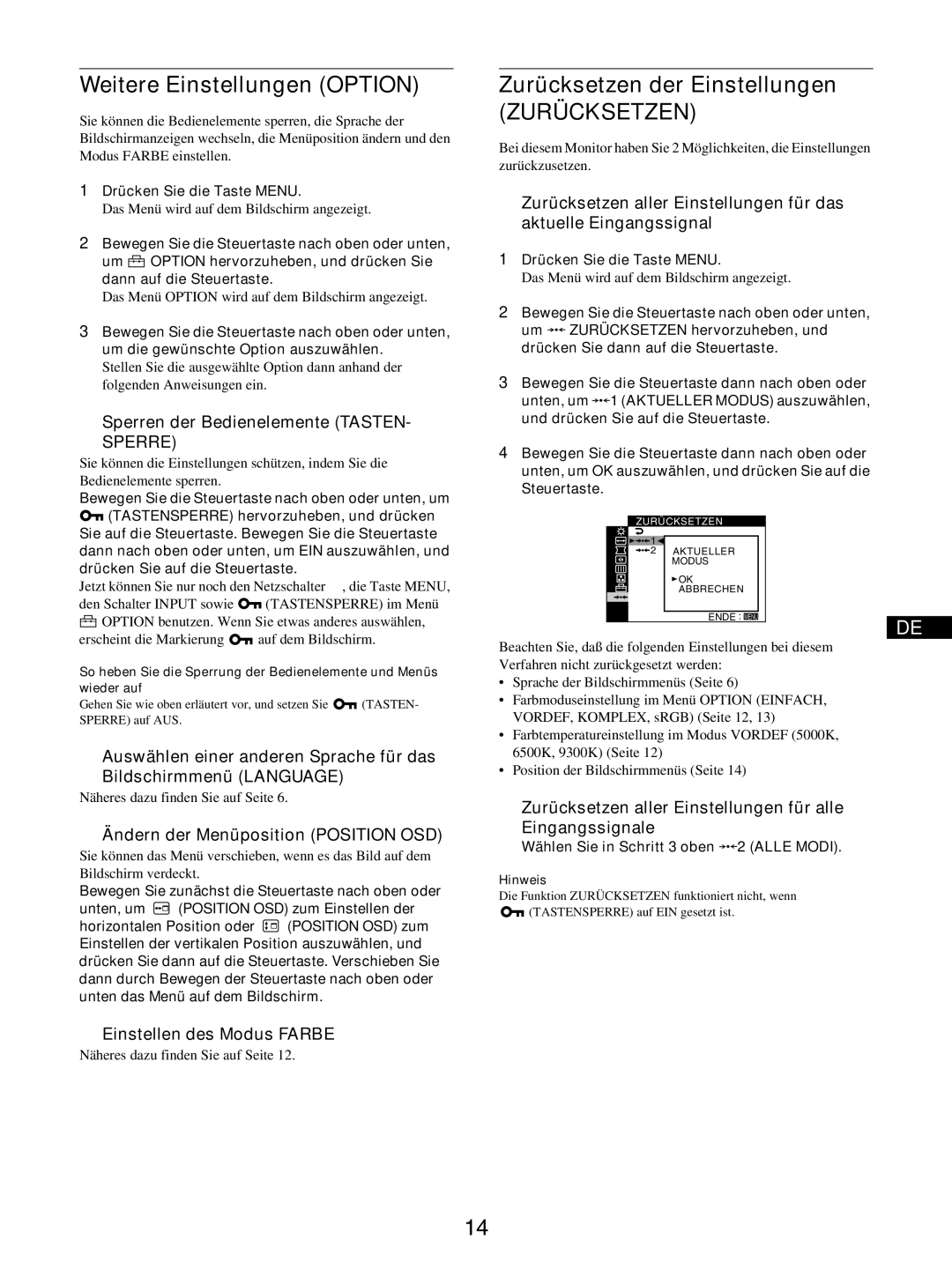 Sony GDM-5510 operating instructions Weitere Einstellungen Option, Zurücksetzen der Einstellungen 