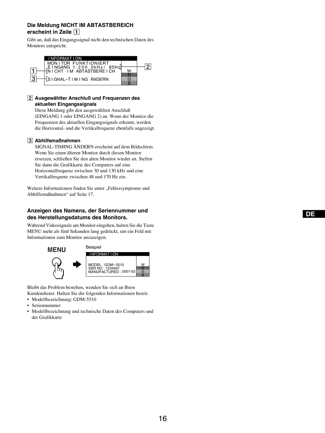 Sony GDM-5510 operating instructions Die Meldung Nicht IM Abtastbereich erscheint in Zeile 