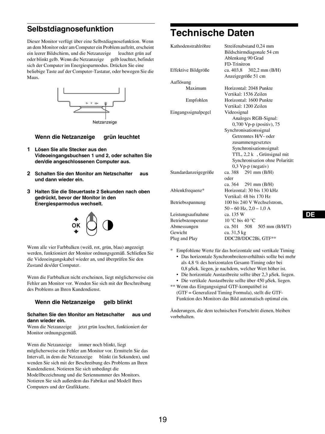 Sony GDM-5510 operating instructions Technische Daten, Selbstdiagnosefunktion, Wenn die Netzanzeige ! grün leuchtet 